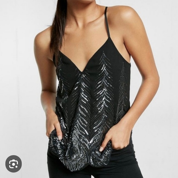 Express Sequin feather sexy black spaghetti strap top L - Picture 1 of 5